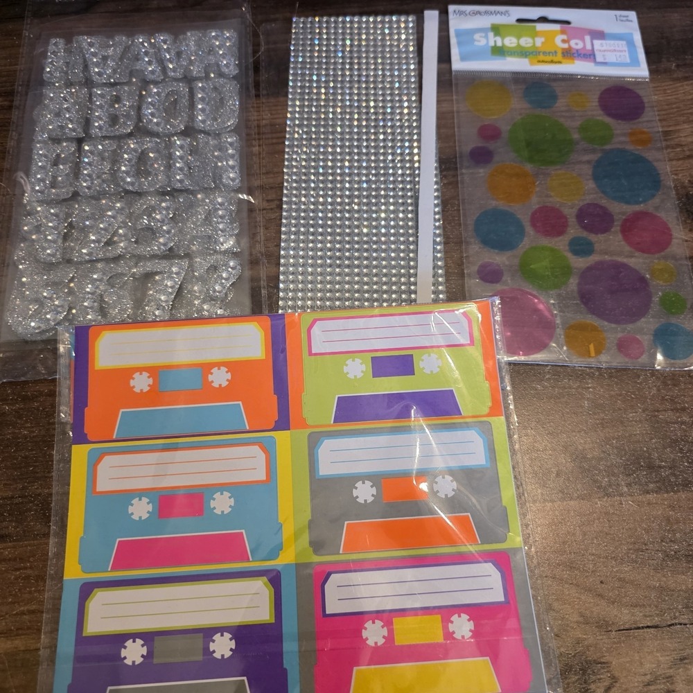 Assorted Stickers Labels Scrapbooking Alphabet Rhinestones Cassette Tapes Dots